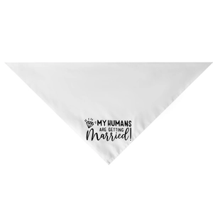 Detail of white cotton pet bandana with My Humans Are Getting Married text and ring icon