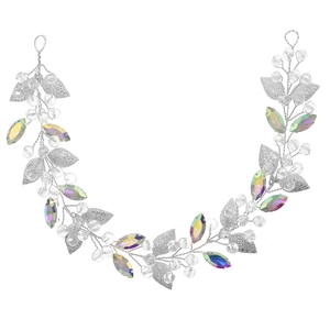 Handmade bridal headband with silver metal leaves and colorful crystal floral vine design