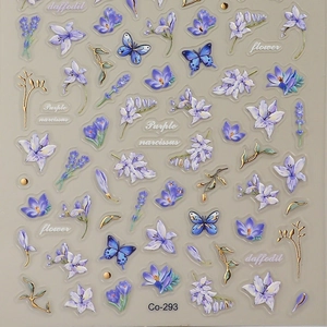 Adesivi per unghie 5D con farfalle viola e decorazioni floreali in rilievo dorato
