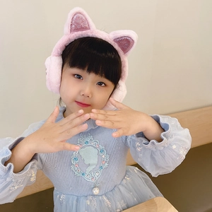 Plush pink cat ear muffs with purple sequins for girls, warm winter headband accessory