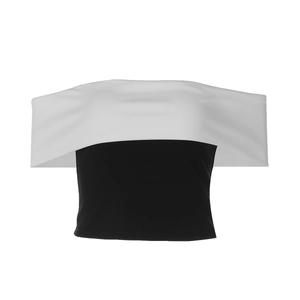 Flat lay of black and white contrast tube top with a wide off-the-shoulder fold collar