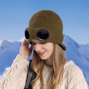 Winter olive green knit goggle beanie for women with warm fleece lining and ear protection