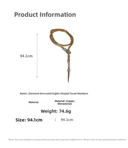 Detailed specs of rhinestone snake fringe necklace made of copper with 94.1cm length