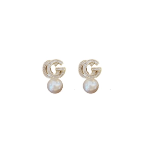 Elegant gold double G earrings with sparkling zircons and white round pearls for women