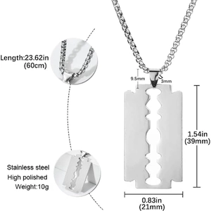Polished stainless steel razor blade pendant necklace with 60cm chain for men