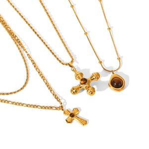 Three gold stainless steel tiger eye cross necklaces with figaro and snake chains