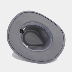 Detail of the gray fedora interior showing the 65% cotton and 35% polyester material label