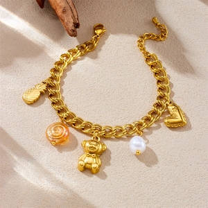 Bracelet double chaîne en acier inoxydable doré avec breloques cœur ours et perles