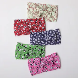 5-pack baby nylon headbands with sports print bows in red, blue, green, and pink