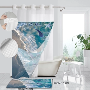 Blue ocean dolphin shower curtain set with waterproof fabric and matching bath mat