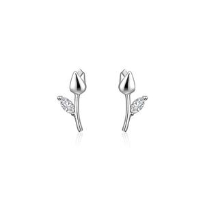 925 silver tulip stud earrings with marquise-cut gemstone accent in a polished finish