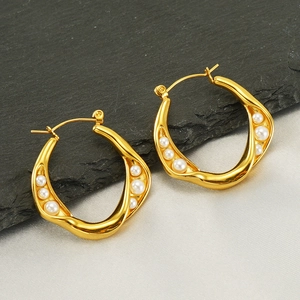 Wave Irregular Hoop Earrings 18K Gold Plated Stainless Steel With Artificial Pearl Vintage Geometric Minimalist Luxury Jewelry Women