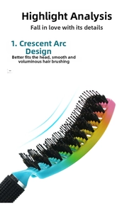 Detail of rainbow curved vent hairbrush featuring boar bristles and ergonomic grip