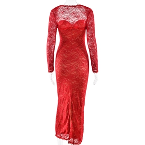 Detail view of red lace long-sleeve dress back featuring zipper closure on sheer fabric