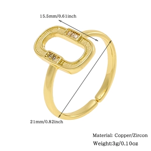 Detailed view of gold plated rectangle open ring with zircon inlay and product dimensions