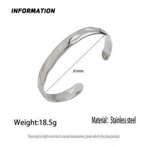 Minimalist hammered texture stainless steel open cuff bracelet in silver finish