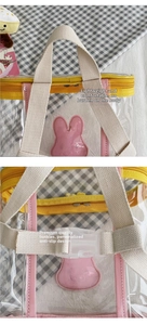 Detailed view of the yellow zippers and adjustable buckle on transparent PVC backpack