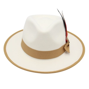 Classic white wool felt fedora hat with brown ribbon trim and decorative feather detail