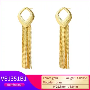 Elegant gold-plated brass geometric drop earrings with long tassel chains and lattice design