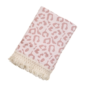Soft double-layer cotton baby swaddle blanket with pink leopard print and tassels