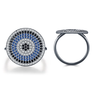 Luxury S925 sterling silver evil eye ring with blue and white pavé crystals