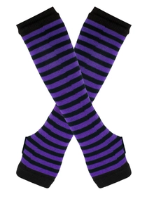 Detail of Y2K striped knit arm warmer sleeves with thumb holes in purple and black
