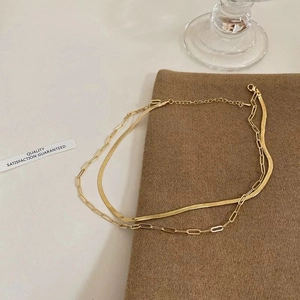 Double-layer 18k gold-plated titanium necklace with flat snake and paperclip chains
