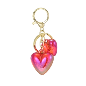 Creative acrylic double heart keychain with gold metal ring and red gradient heart charms