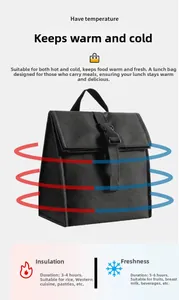 Insulated lunch bag showing 3-4 hour heat retention and 5-6 hour cooling capacity