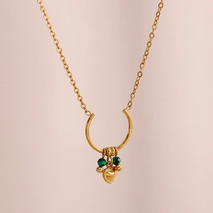 Vintage Heart Pendant Necklace 18K Gold Plated Stainless Steel With Green Beads U-Shape Ring Fashion Jewelry For Women