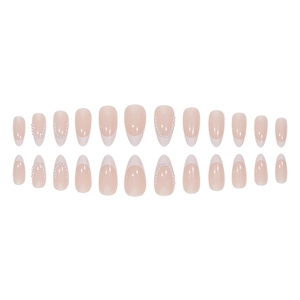 French almond press-on nails in nude pink with white tips and pearl U-shape accents