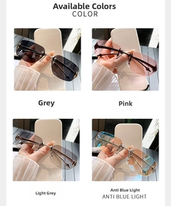 Frameless Y2K sunglasses in four colors including grey, pink, light grey and ice blue