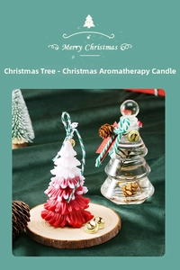 Christmas tree scented candle set with glass jar, pinecones and wooden tray on velvet