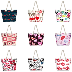 Large Capacity Canvas Tote Bag With Cotton Rope Handle Printed Letter Heart Pattern Zippered Beach Handbag For Women