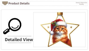 Detailed close-up of a star-shaped Christmas ornament featuring a cat with a festive red hat