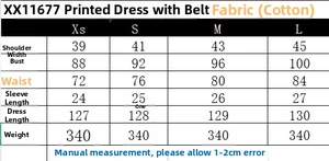 Size chart table for the floral poplin dress with dimensions for XS to L including bust and length