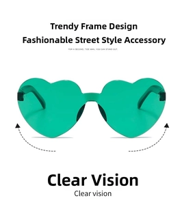 Detail shot of heart-shaped rimless sunglasses featuring translucent green jelly lenses
