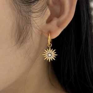 Elegant gold stainless steel sunflower drop earrings with sparkling cubic zirconia crystals