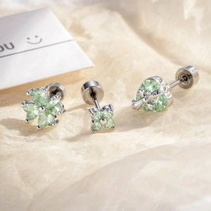 Cartilage Stud Earrings Stainless Steel Mint Green Heart Clover Flower Cross Zircon Piercing Jewelry For Women Unisex