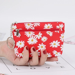 Daisy Print Coin Purse PU Leather Zippered Mini Pouch With Key Ring Floral Wallet For Women