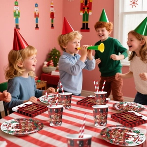 Children celebrating at a Christmas party with red plaid themed paper tableware and straws