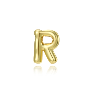 Close-up of a 3D balloon-style gold letter R pendant with glossy metallic finish