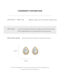 Detailed size and material specification chart for drop pearl earrings with zircon