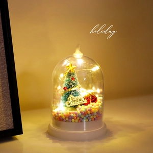 Christmas glass dome night light with mini tree and festive LED string decorations