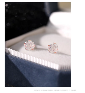 Macro shot of 925 sterling silver white rose stud earrings in a luxury jewelry gift box