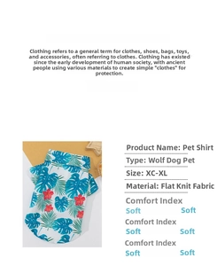 Size chart for breathable Hawaiian pet shirt with tropical palm and hibiscus print