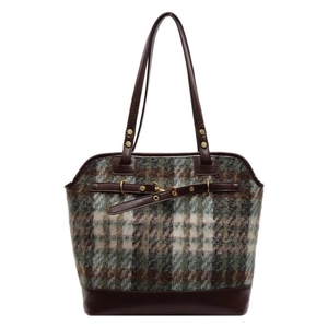 Retro plaid wool and brown leather tote bag with decorative straps for women