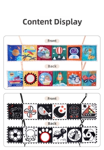 Detailed view of double-sided baby cloth book featuring black white and colorful animal patterns