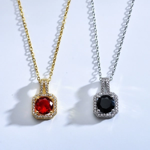 Fashion gold and silver square zircon necklaces with red and black round gemstones