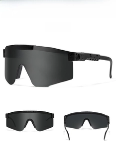 Three-angle view of black sports sunglasses with anti-wind oversized shield frame C1
